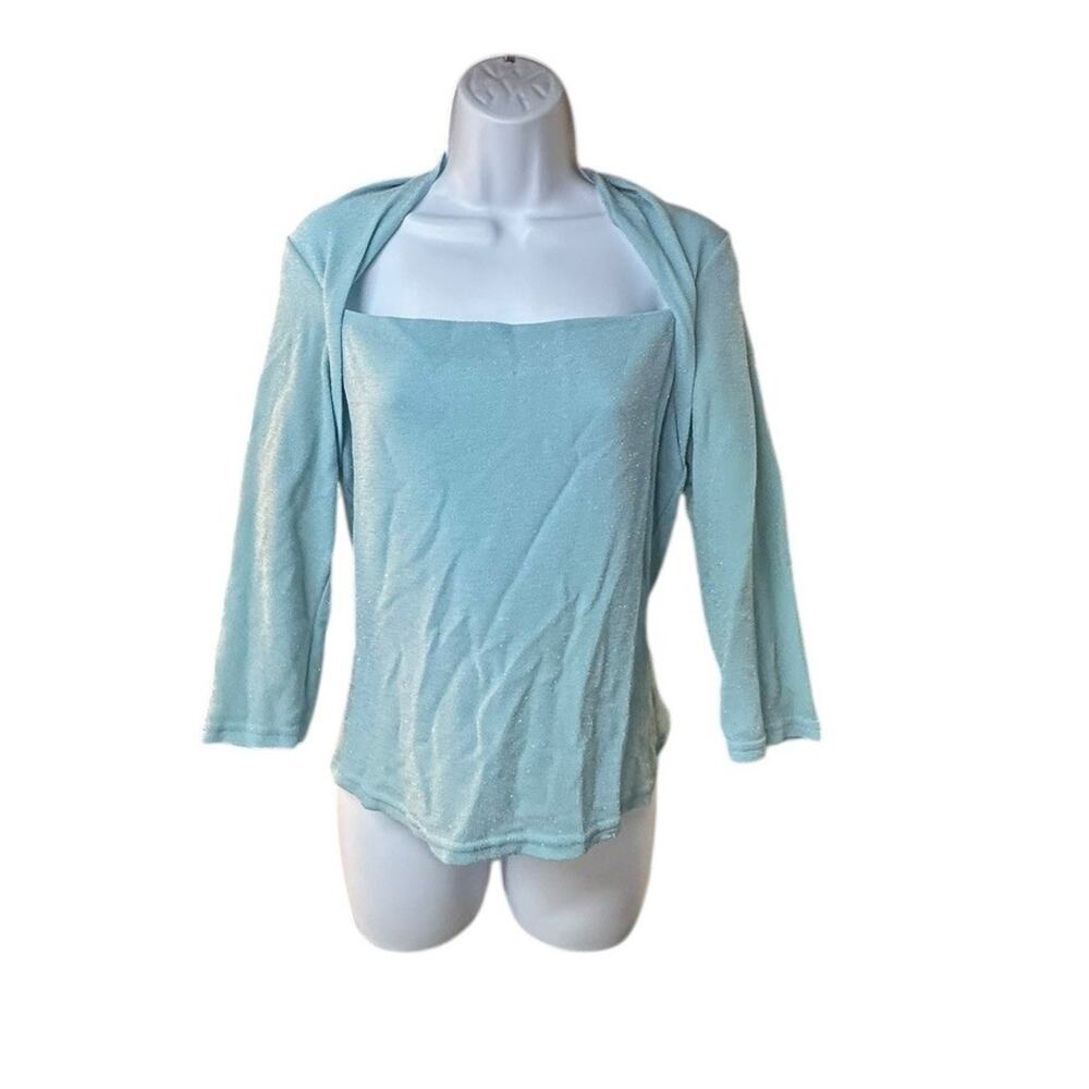 GANTOS Women’s Large Aqua Blue Shimmer Knit Top Shrug Style Stretch Y2K